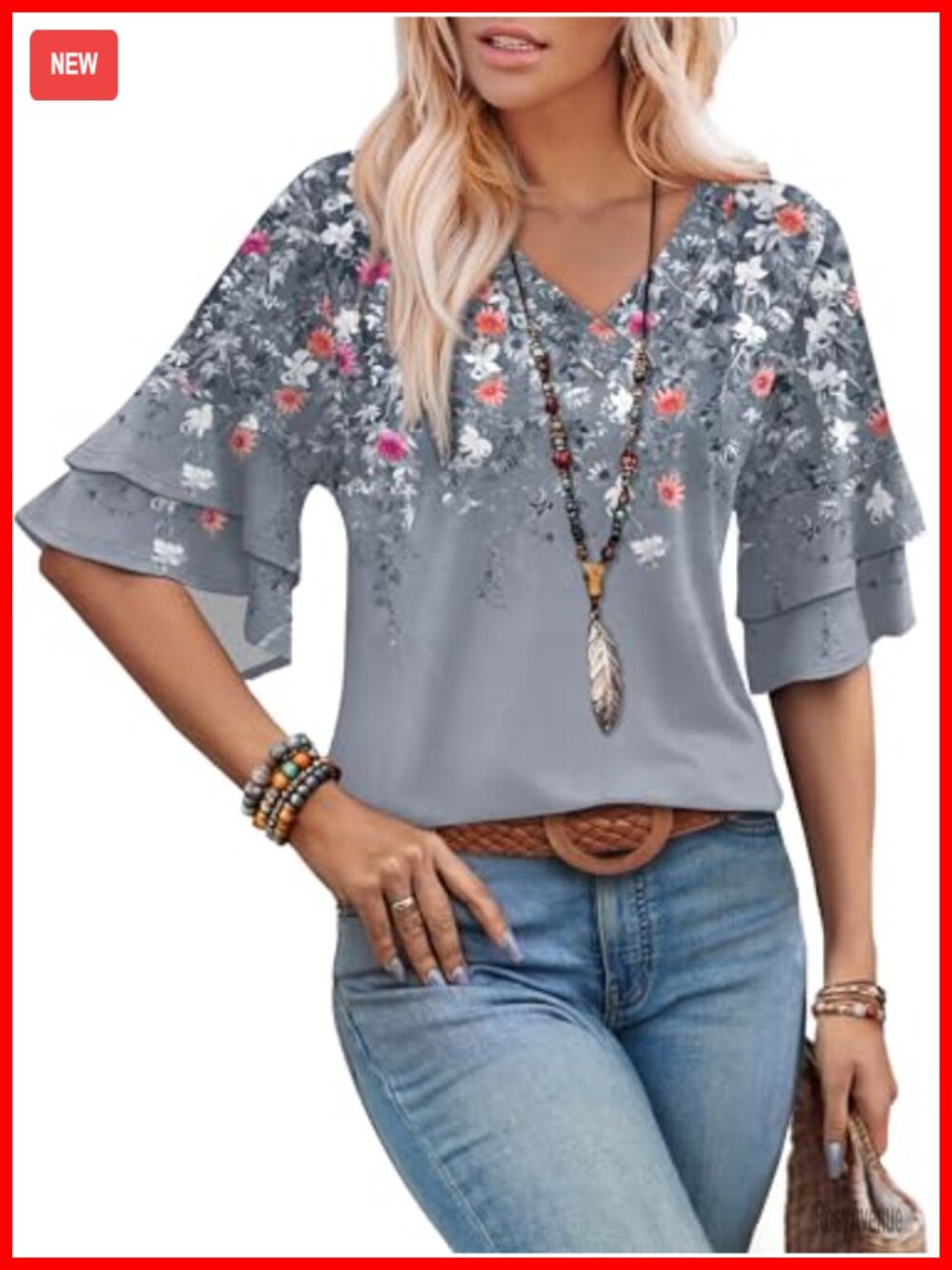 3/4 Sleeve V-Neck Blouse Women Boho Spring Top